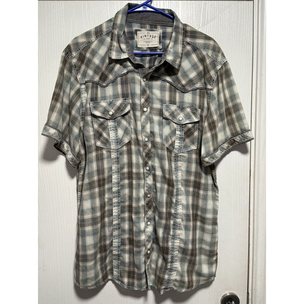 BKE Vintage 1967 Standard‎ Fit Short Sleeve Snap Button Shirt XL Mens Gray Plaid
